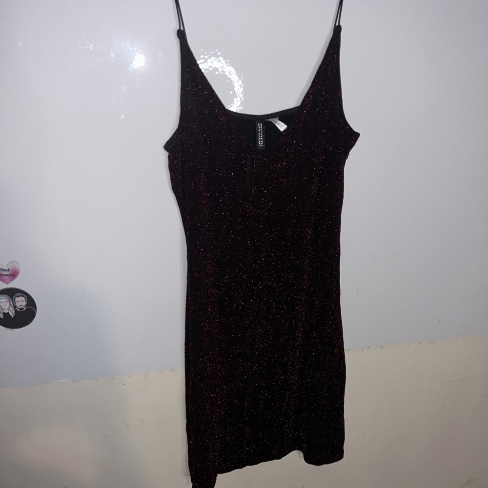 H&M Divided Black & Red‎ Sparkle Mini Dress Stretch Bodycon, Size 12